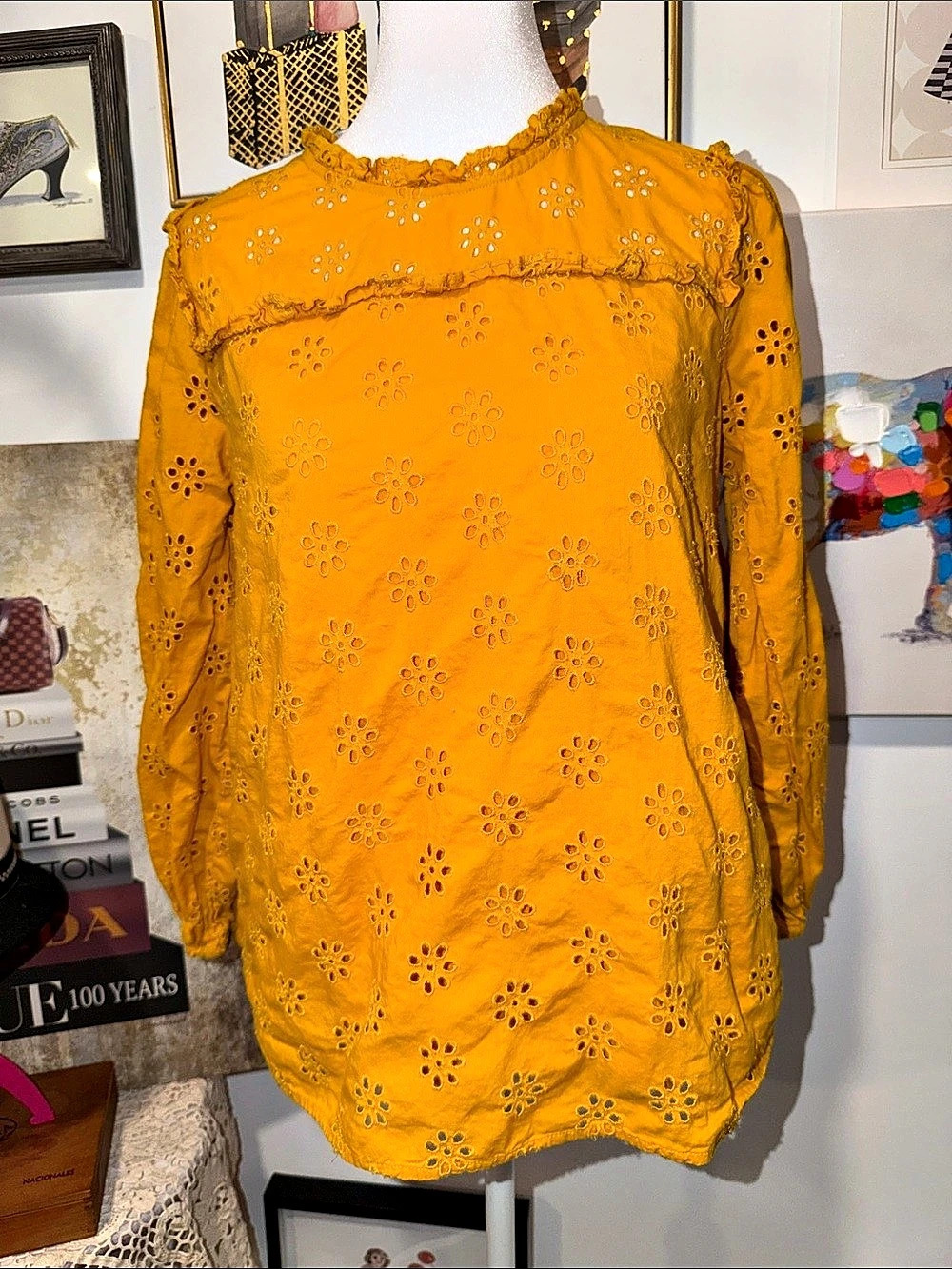 J.CREW Eyelet Long Sleeve Blouse in Orange/mustard Size XS